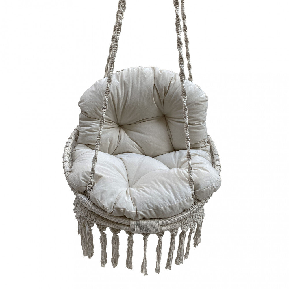 Amaca dondolo sospeso da giardino beige in cotone con struttura in legno di acacia 76x60x127 cm