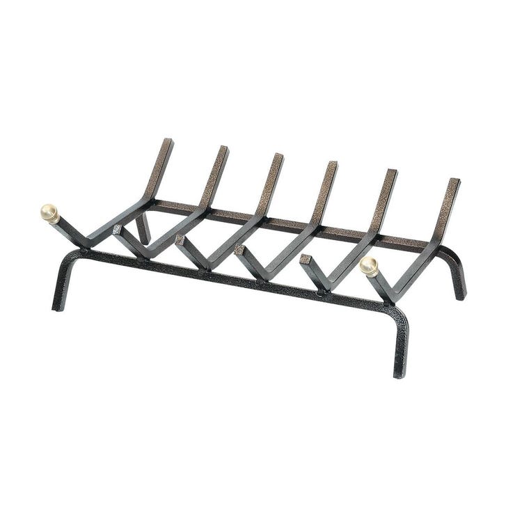 Brucialegna rettangolare a 6 barre per camino in ferro battuto verniciato nero con pomoli ottone cm 46x35x16