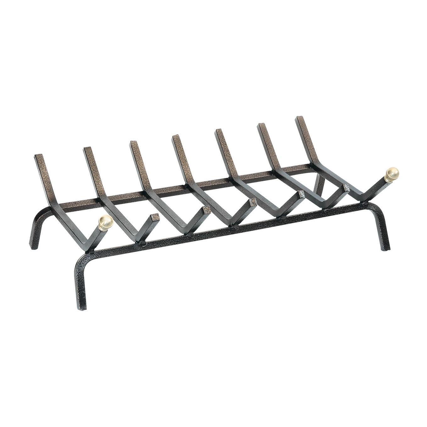Brucialegna rettangolare a 6 barre per camino in ferro battuto verniciato nero con pomoli ottone cm 46x35x16