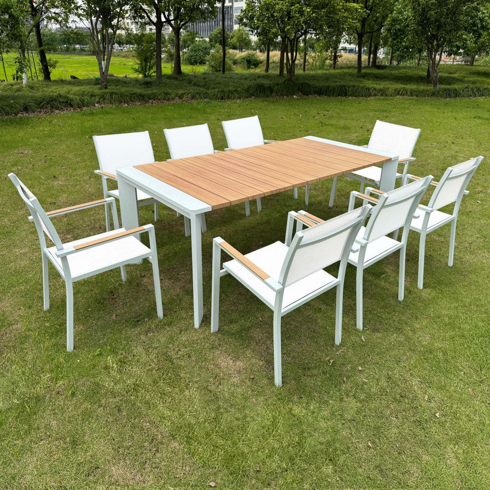 Tavolo rettangolare allungabile in alluminio con piano effetto legno 200/250x100xH75 cm