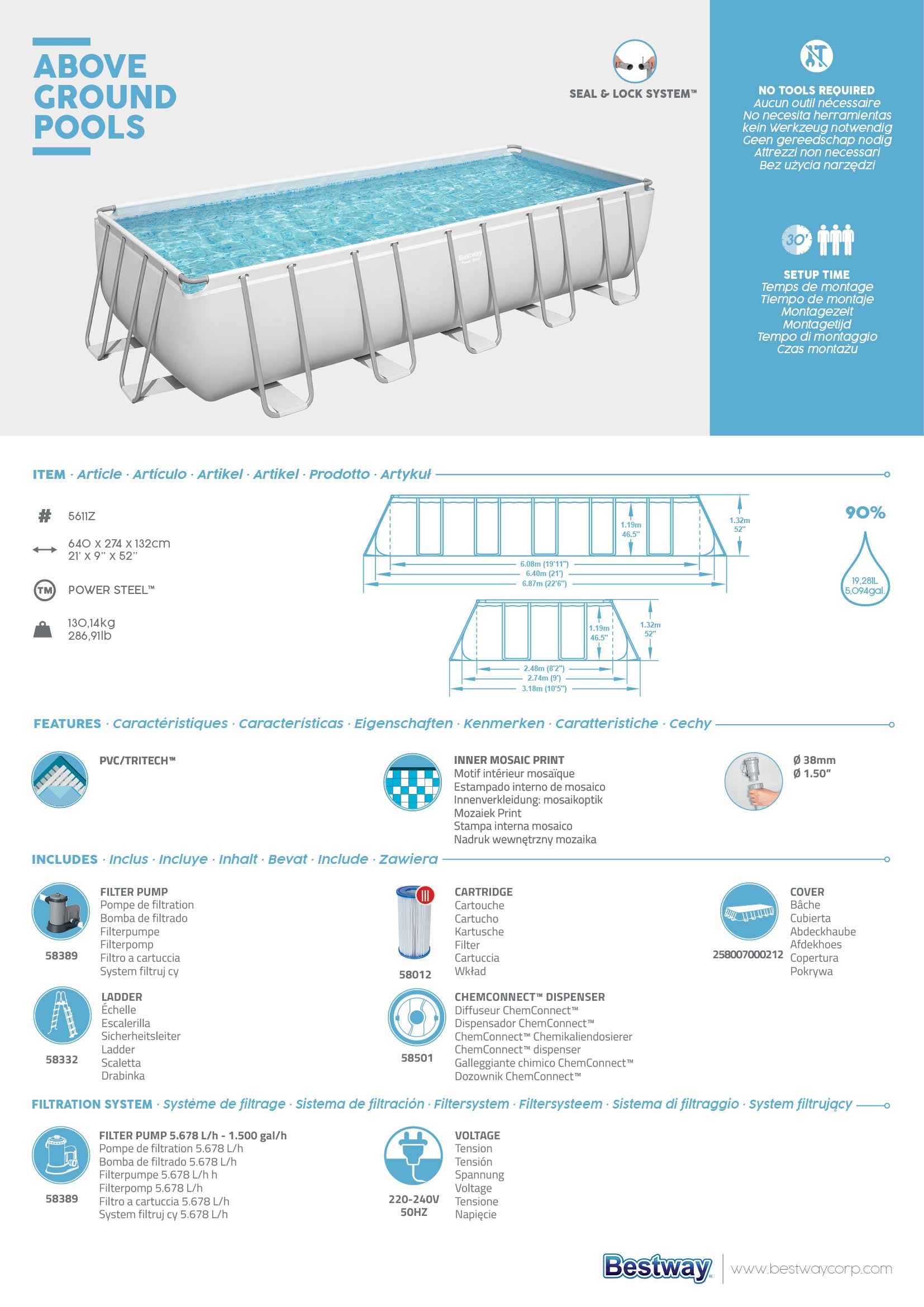 Piscina fuori terra rettangolare Power Steel 640x274x132 cm Bestway 5611Z