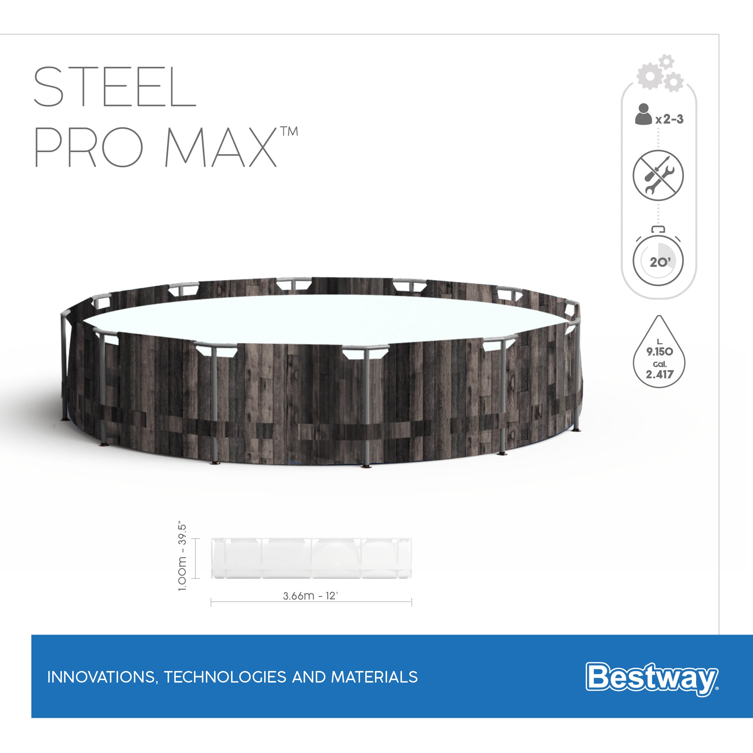Piscina con struttura rotonda effetto legno Steel Pro MAX 366x100 cm Bestway 5614X