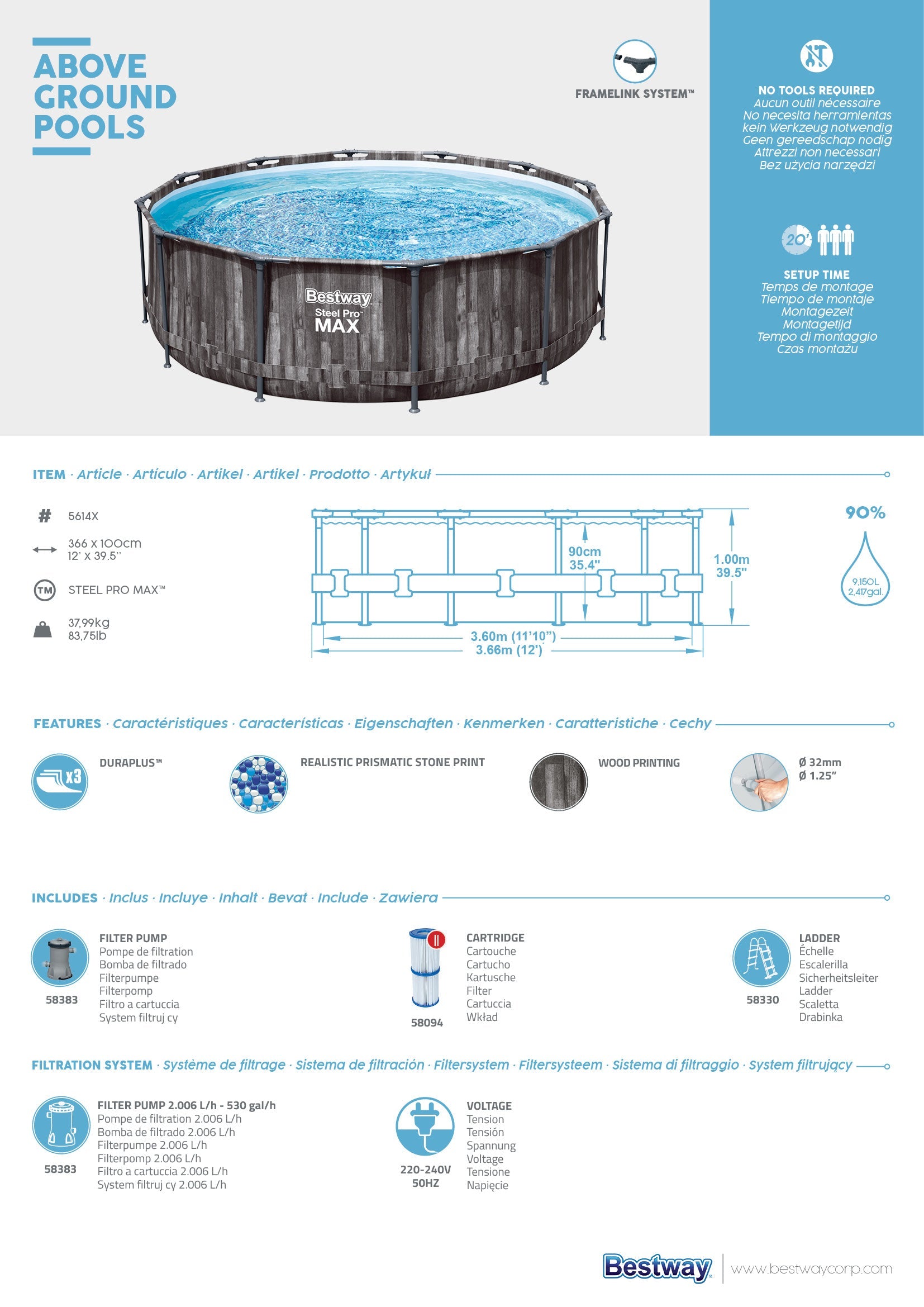 Piscina con struttura rotonda effetto legno Steel Pro MAX 366x100 cm Bestway 5614X