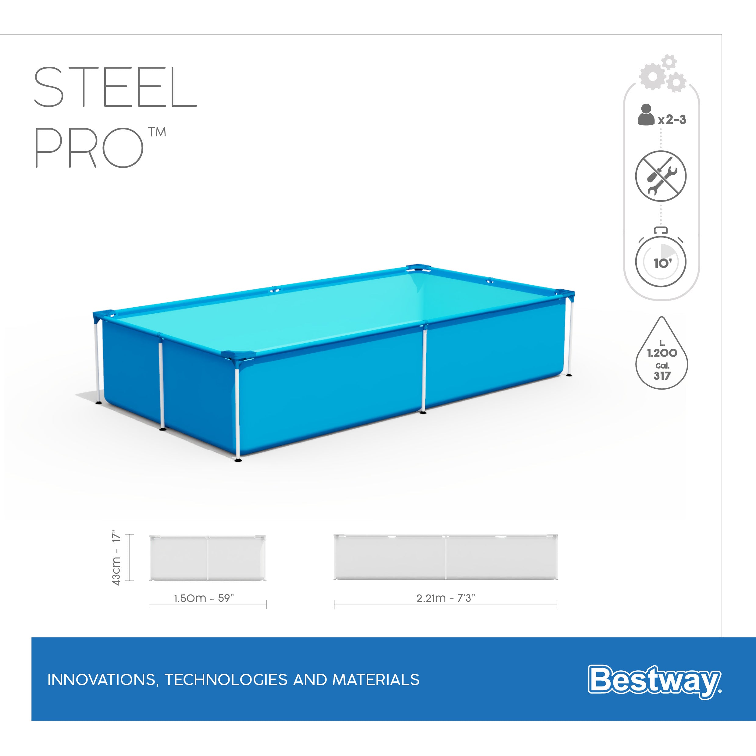 Piscina bassa rettangolare per bambini 221x150xh43 cm Steel Pro Frame Bestway 56401
