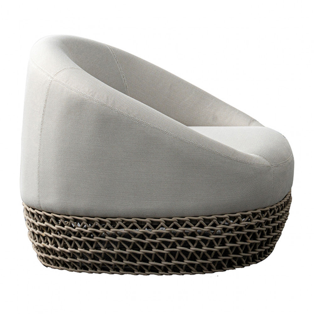 Poltrona girevole rotonda con struttura in alluminio e rivestimento in corde beige 91x91xH71 cm da esterno