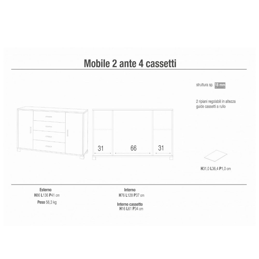 Mobile soggiorno moderno 2 ante 4 cassetti colore bianco titanio quercia MDF dimensioni 136x41x86 cm struttura solida