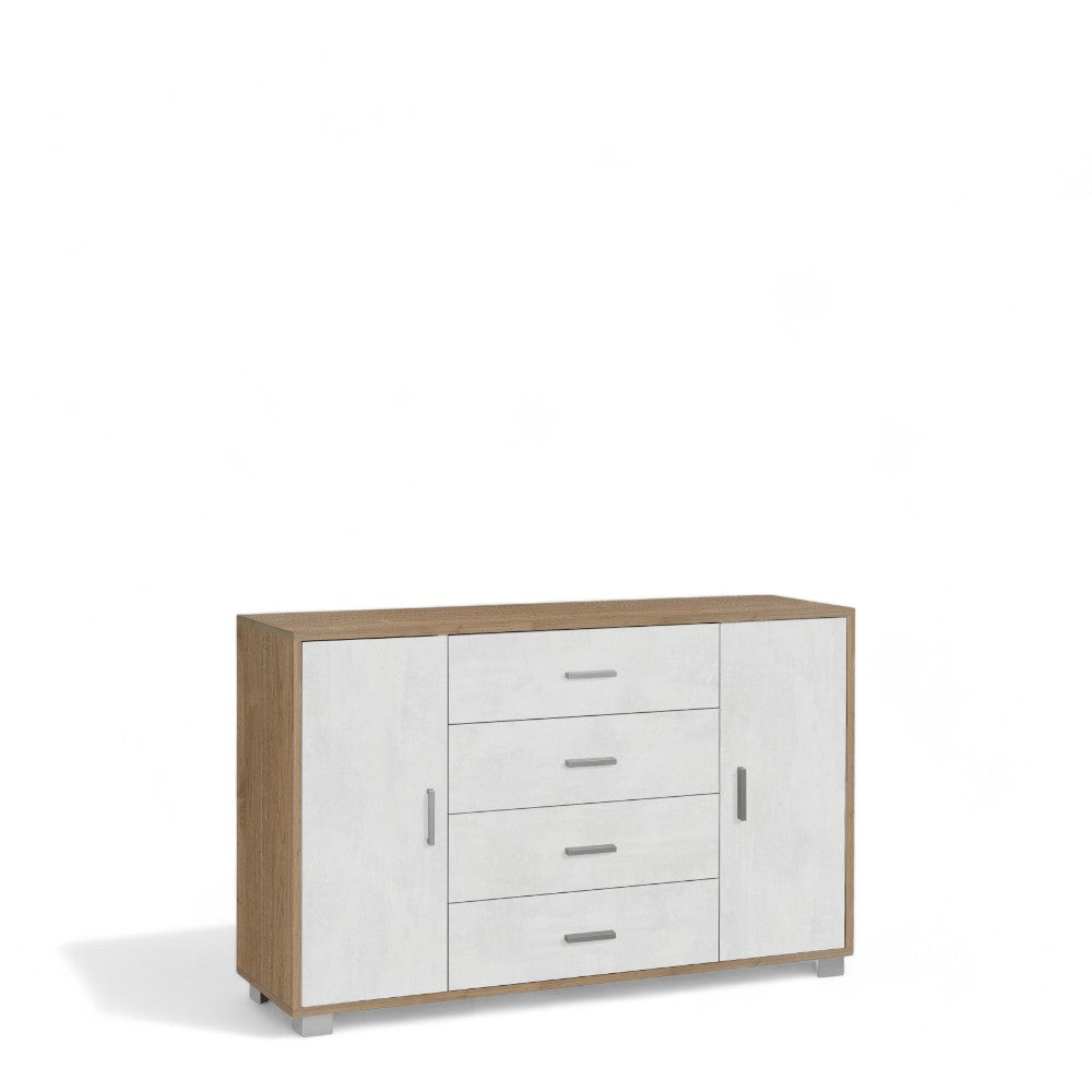 mobile soggiorno moderno 2 ante 4 cassetti in mdf con finitura noce stelvio e bianco ossido dimensioni 136x41x86 cm
