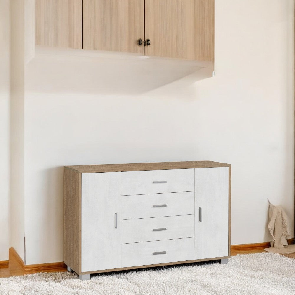 mobile soggiorno moderno 2 ante 4 cassetti in mdf con finitura noce stelvio e bianco ossido dimensioni 136x41x86 cm