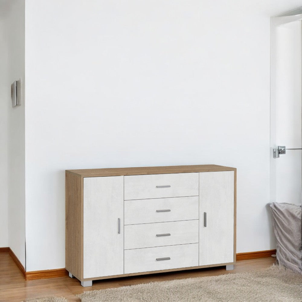 mobile soggiorno moderno 2 ante 4 cassetti in mdf con finitura noce stelvio e bianco ossido dimensioni 136x41x86 cm