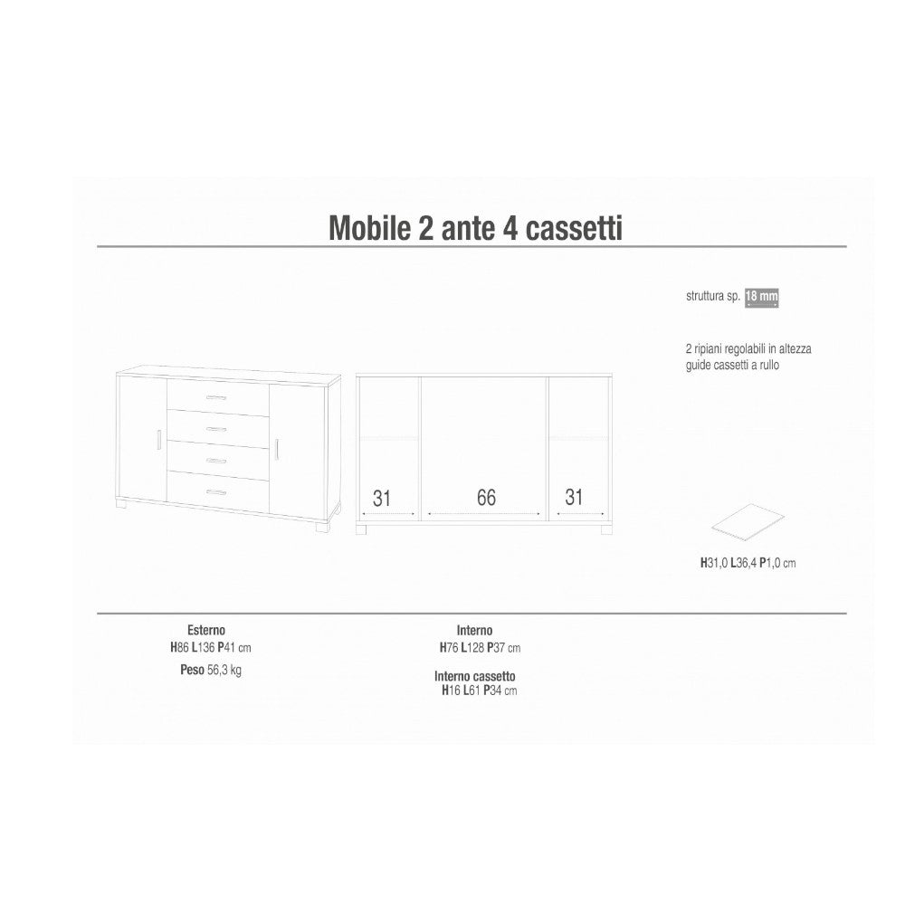 mobile soggiorno moderno 2 ante 4 cassetti in mdf con finitura noce stelvio e bianco ossido dimensioni 136x41x86 cm