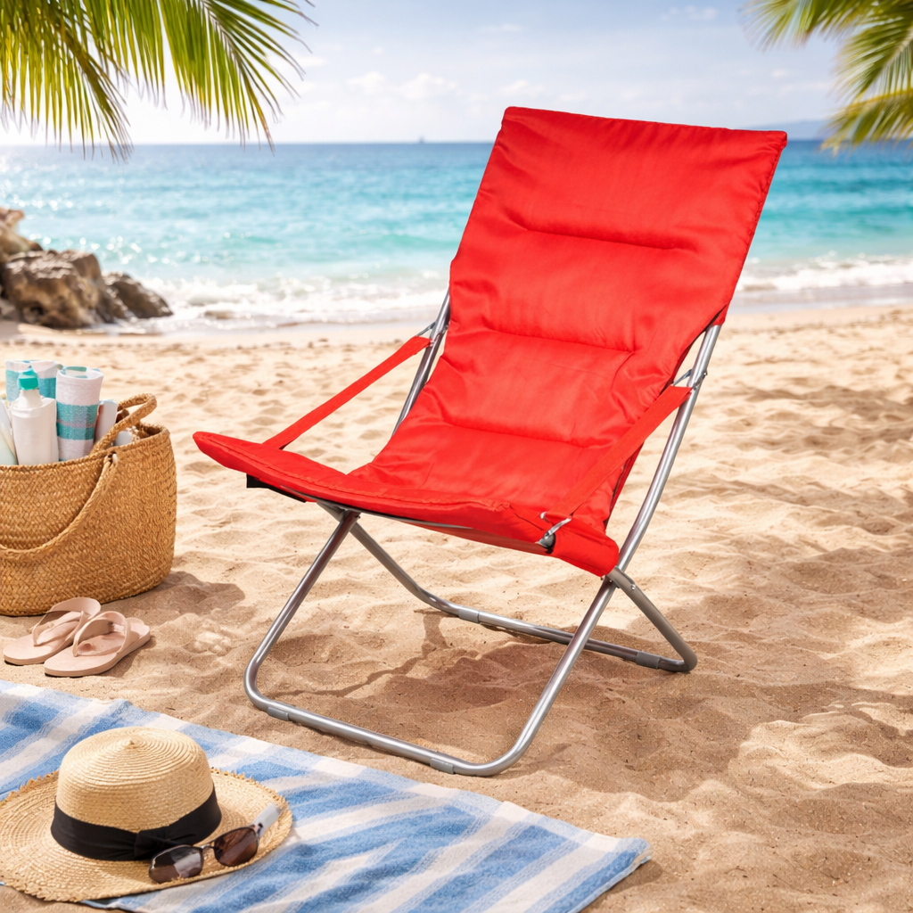 Sdraio spiaggina canapone prendisole rossa in pvc e acciaio pieghevole 65x80xH38/96 cm