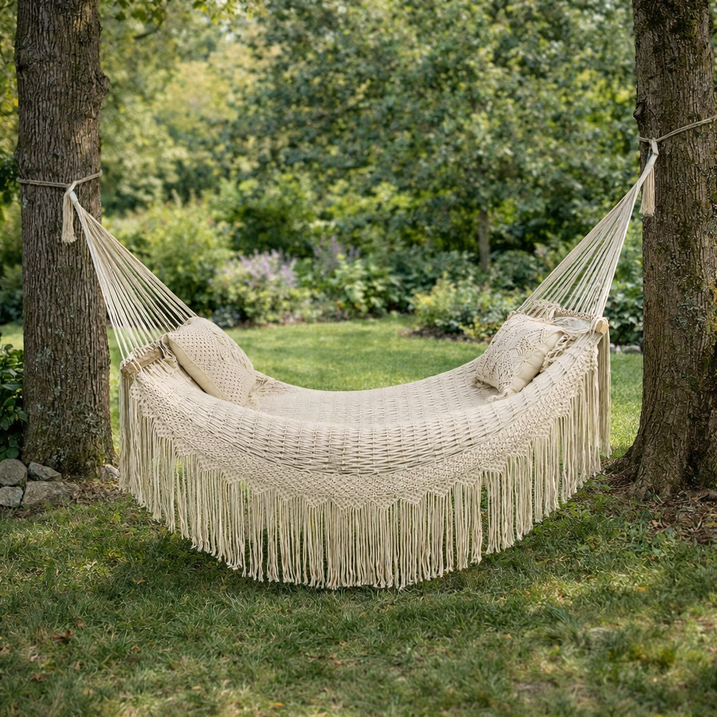 Amaca sospesa da giardino in cotone con supporto di legno in acacia