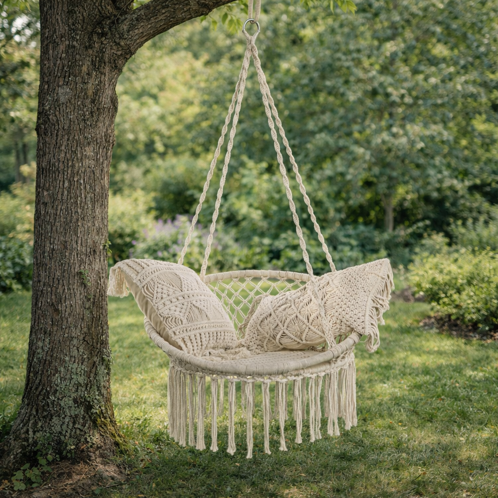 Amaca da giardino ecrù in cotone con struttura in legno di acacia