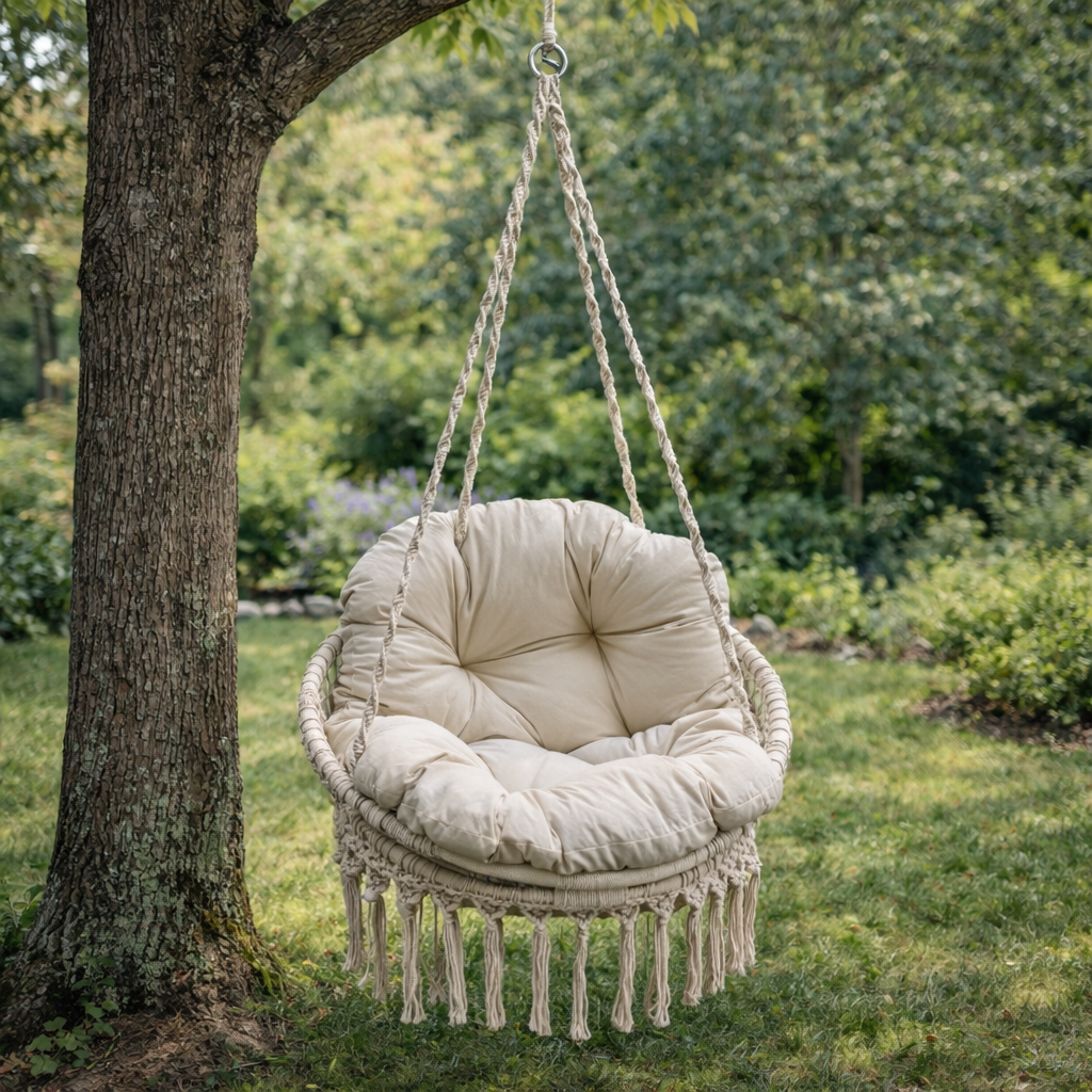Amaca dondolo sospeso da giardino beige in cotone con struttura in legno di acacia 76x60x127 cm