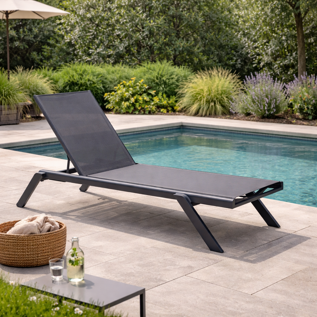 Lettino prendisole da giardino con struttura in alluminio antracite e rivestimento in texilene 198x72xH35.5 cm Solaria