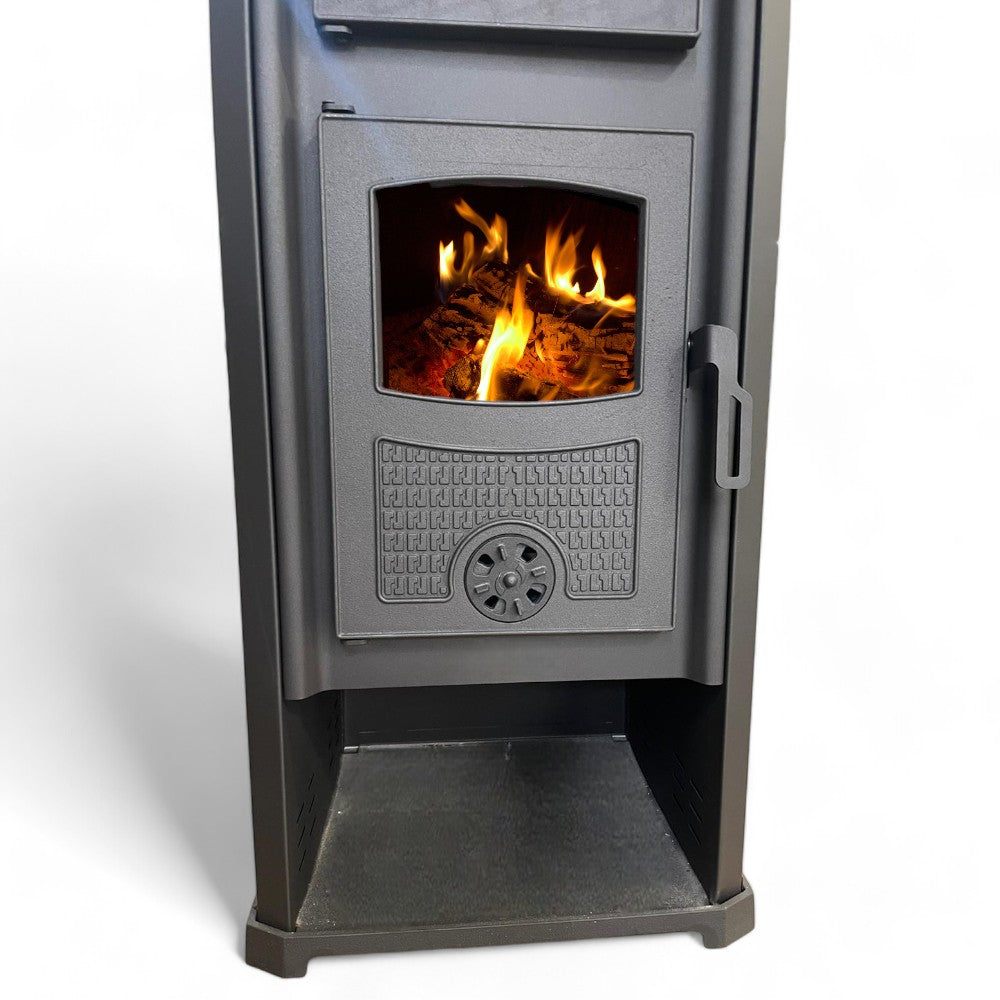 Stufa riscaldamento a legna con forno struttura in acciaio 11.3 kw rivestimento ghisa e maioliche Kalorosa