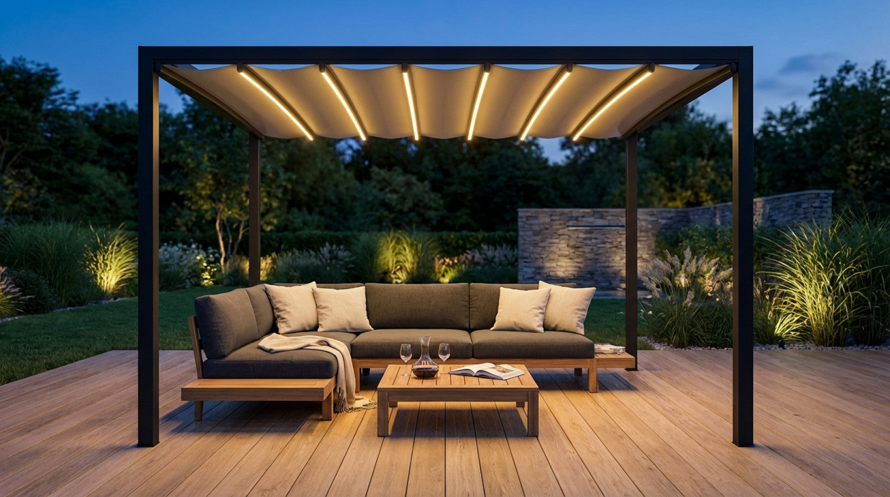 Gazebo pergola bioclimatica motorizzata da esterno in alluminio 3x4 mt con sistema retrattile integrato e illuminazione led