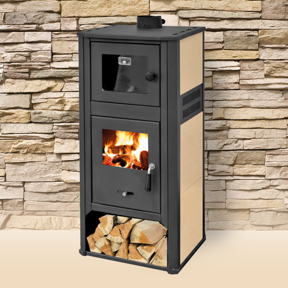 Stufa a legna con forno e piano cottura 12 Kw in acciaio 49x46x116 cm beige