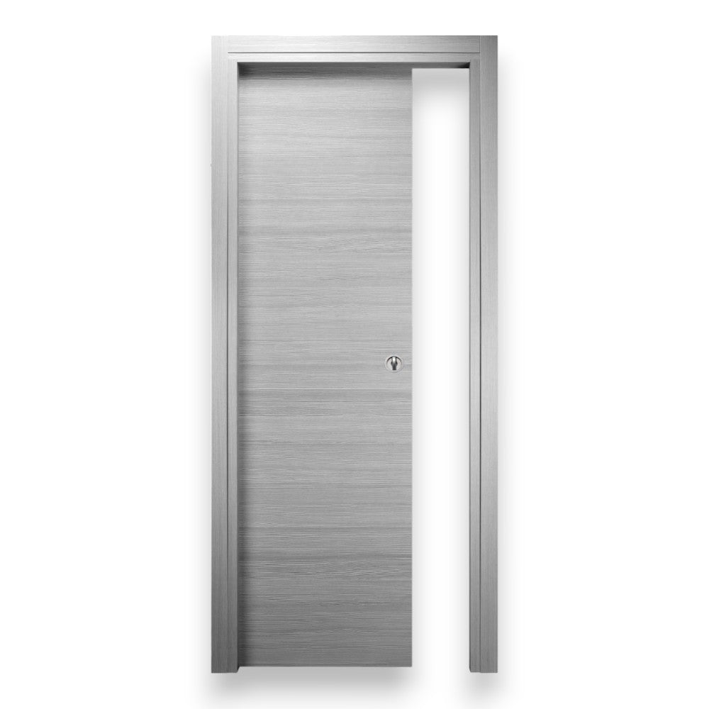 Porta scorrevole da interno reversibile in legno di abete con rinforzi per serratura grigio