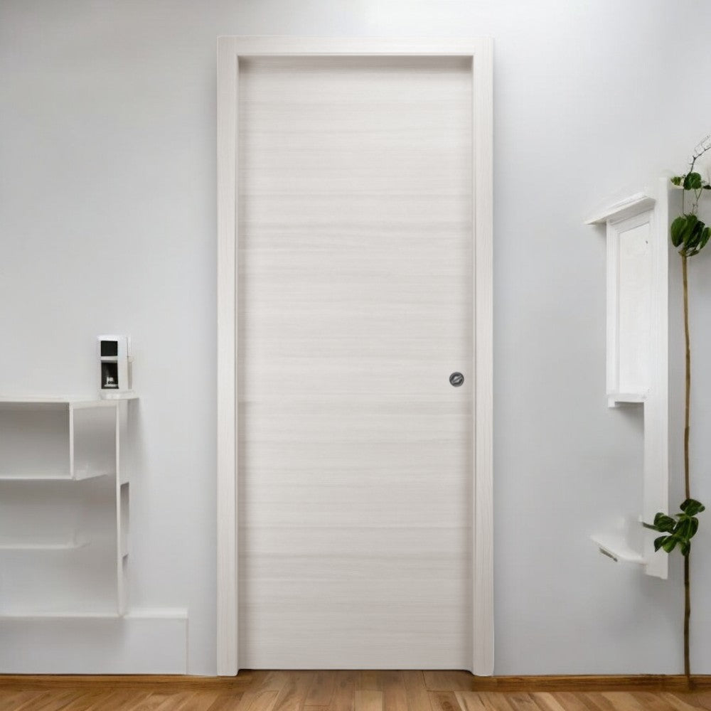 Porta scorrevole reversibile beige in legno abete giuntato con rinforzi per serratura