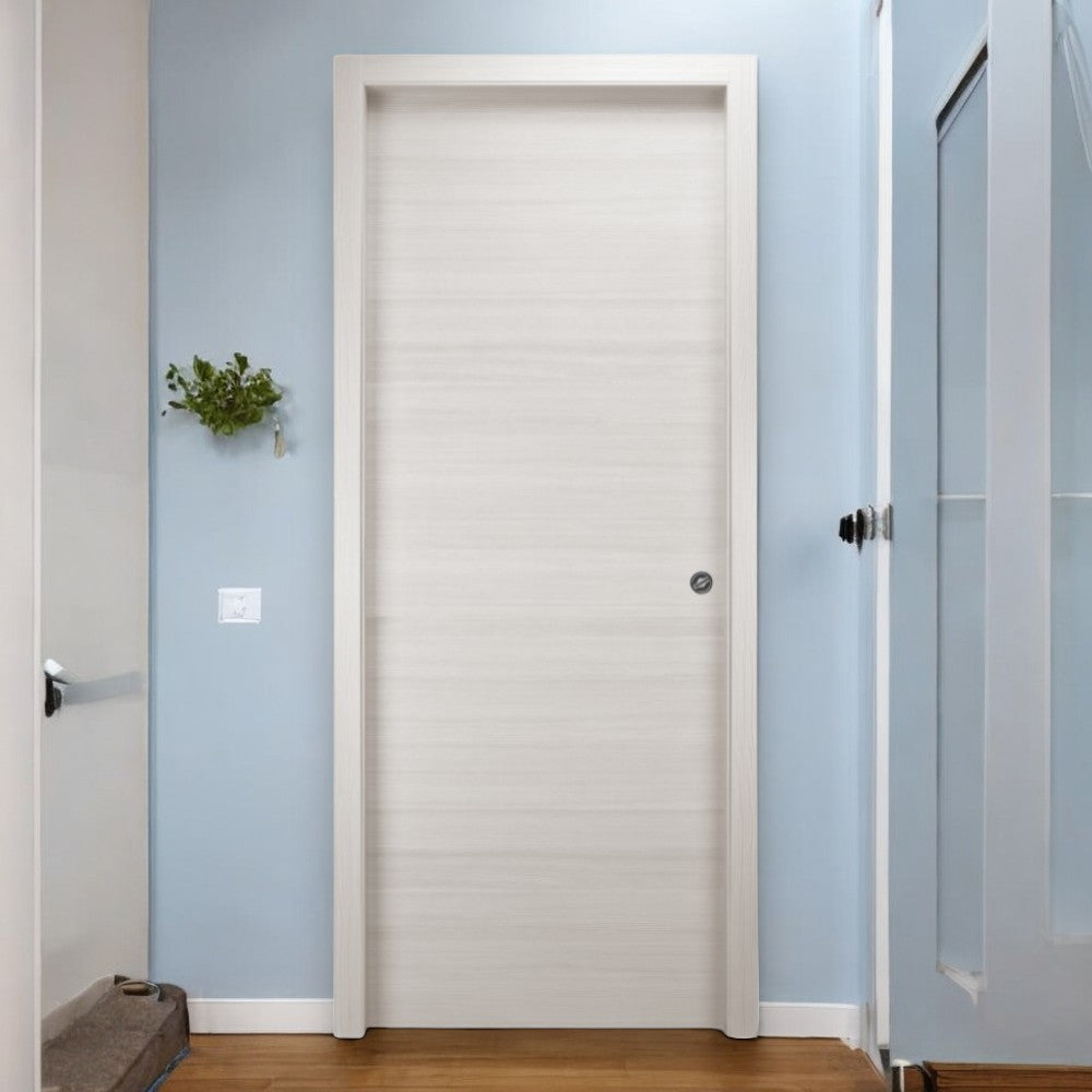 Porta scorrevole reversibile beige in legno abete giuntato con rinforzi per serratura
