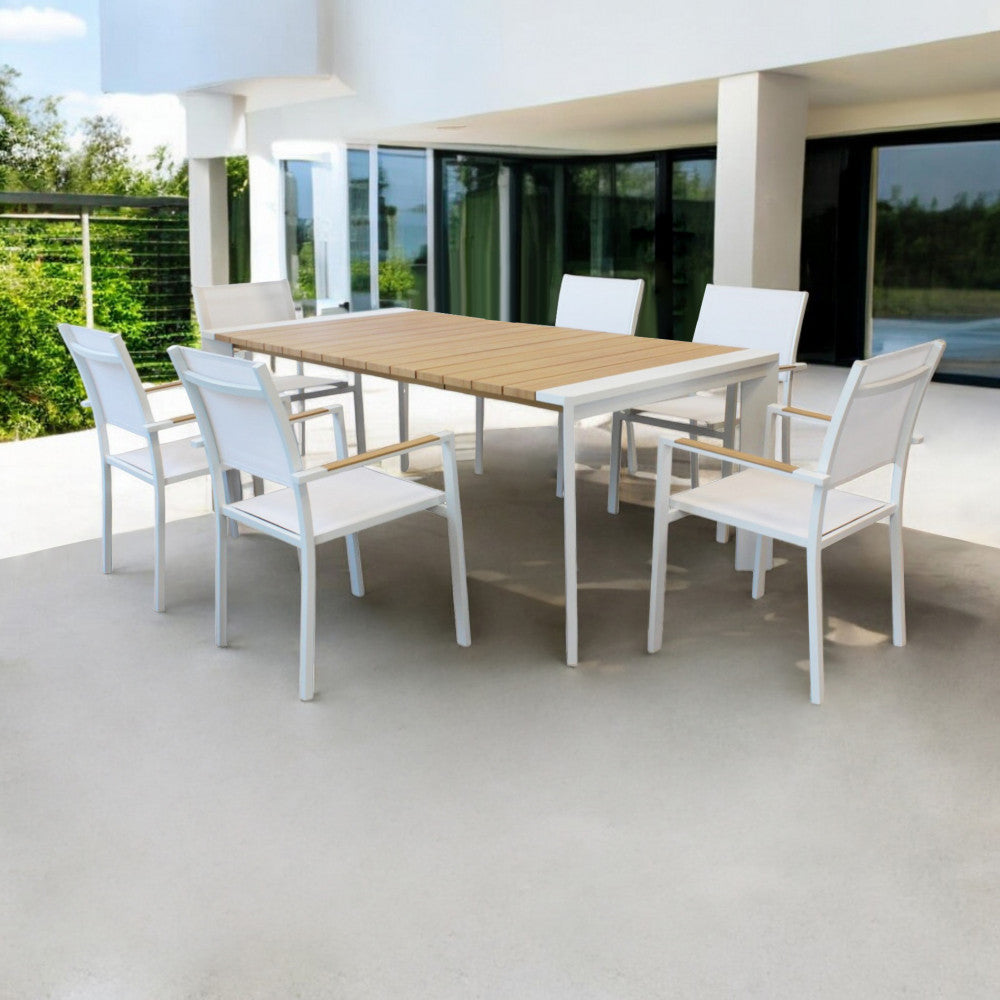 Tavolo rettangolare estensibile con struttura in alluminio bianco e piano effetto legno 150/200x100xH75 cm