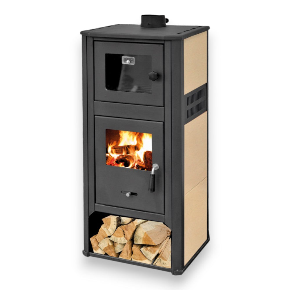Stufa a legna con forno e piano cottura 12 Kw in acciaio 49x46x116 cm beige