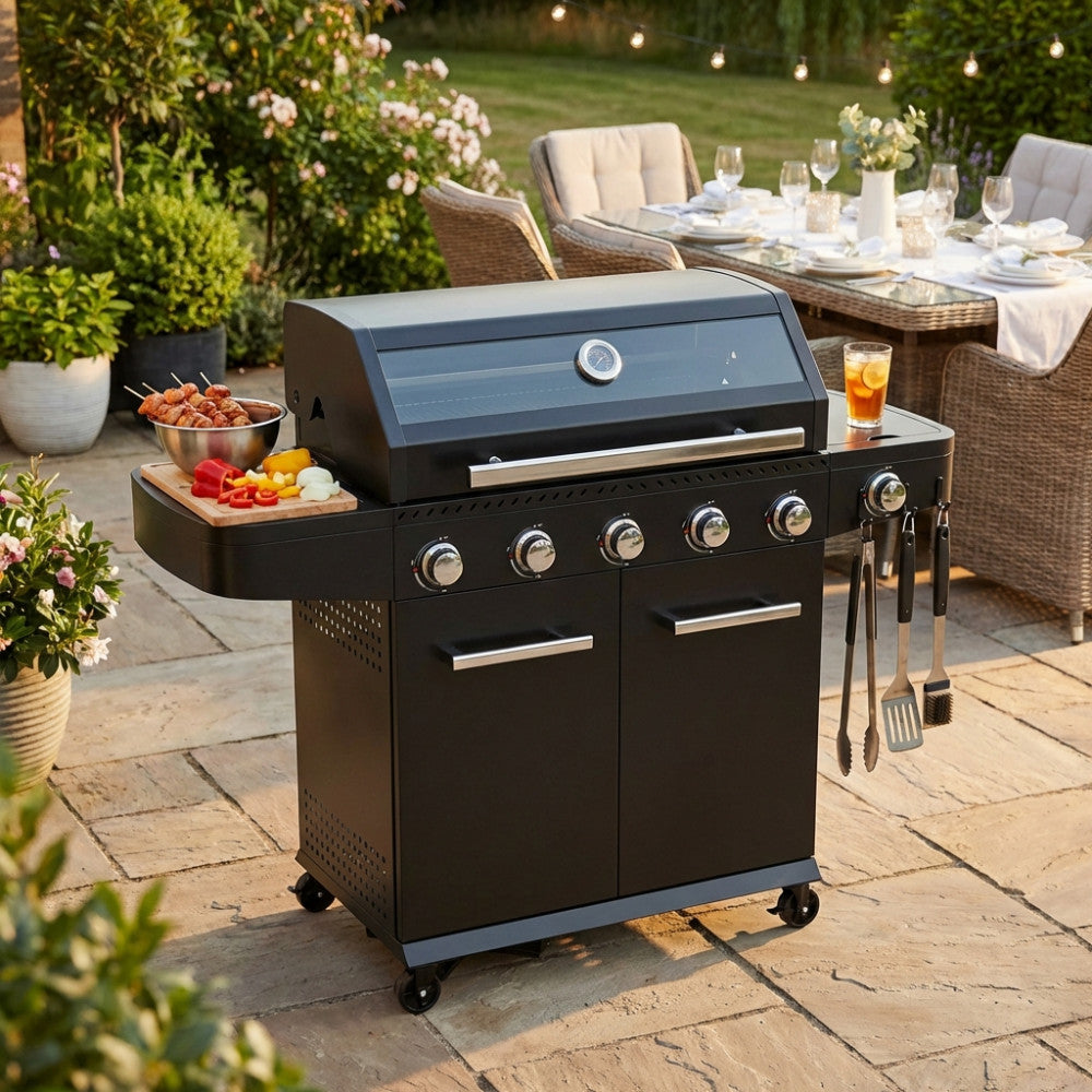 Barbecue a gas 5 fuochi con fornello laterale e finestra in vetro sul coperchio Mexico