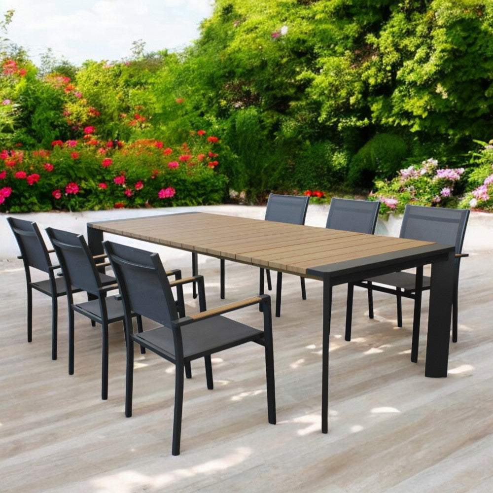 Tavolo rettangolare allungabile in alluminio con piano effetto legno 200/250x100xH75 cm