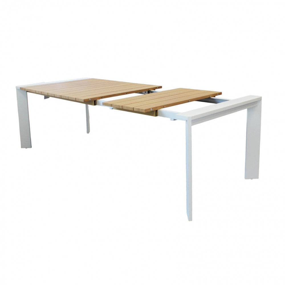 Tavolo rettangolare estensibile con struttura in alluminio bianco e piano effetto legno 150/200x100xH75 cm