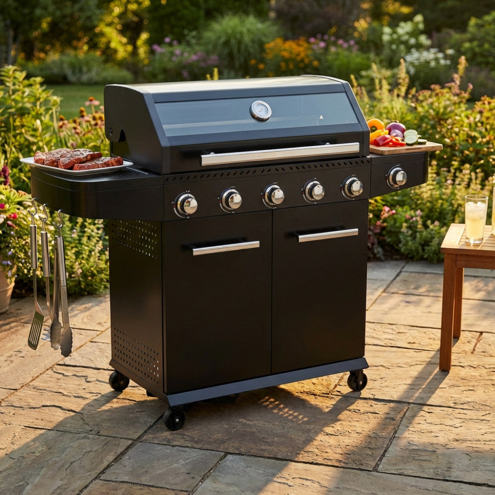Barbecue a gas 5 fuochi con fornello laterale e finestra in vetro sul coperchio Mexico