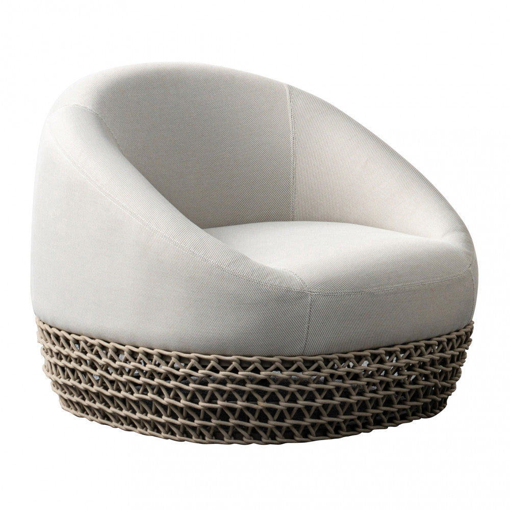 Poltrona girevole rotonda con struttura in alluminio e rivestimento in corde beige 91x91xH71 cm da esterno