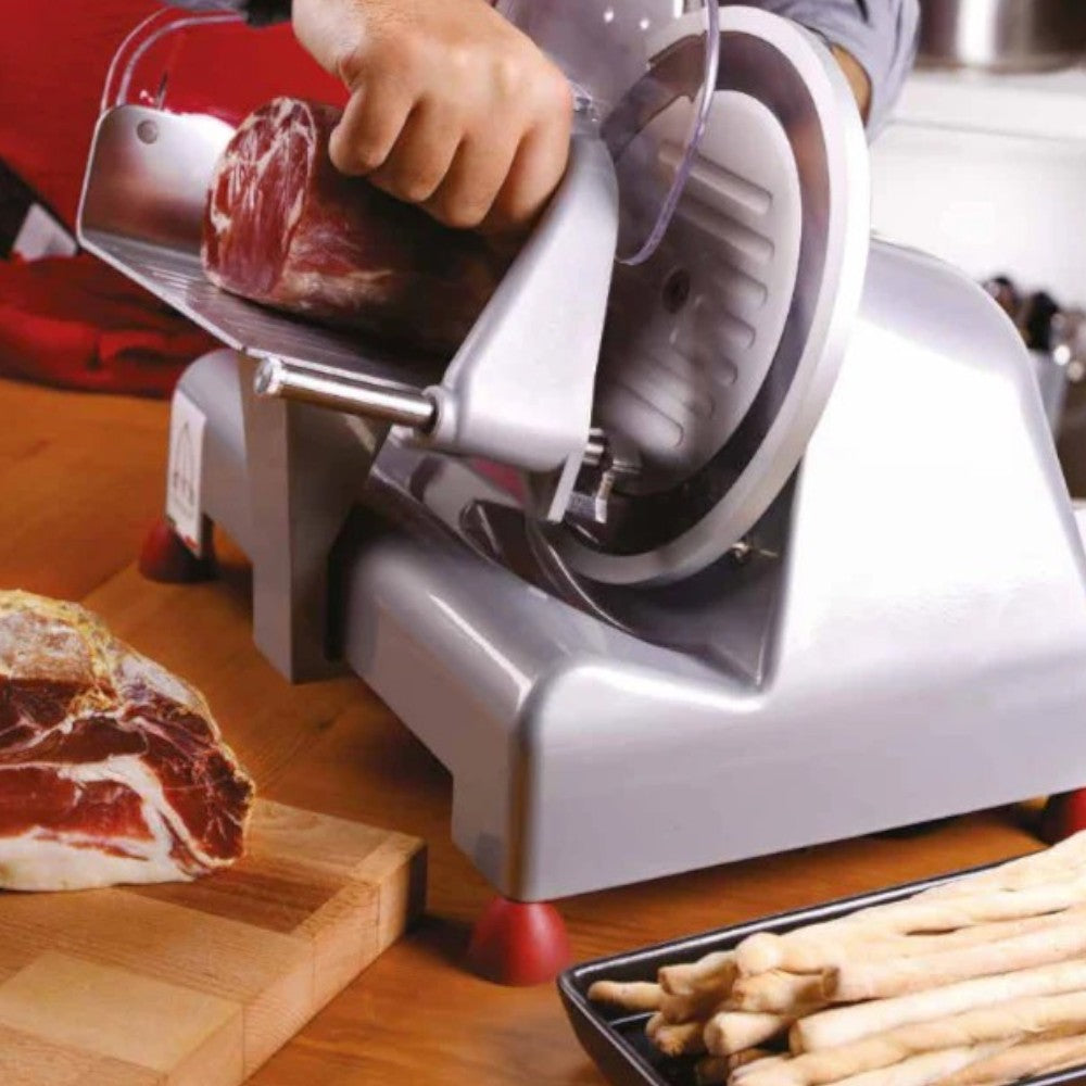 Affettatrice domestica lama 250 mm struttura alluminio motore 140w taglio 0-15 mm affilatoio per cucina