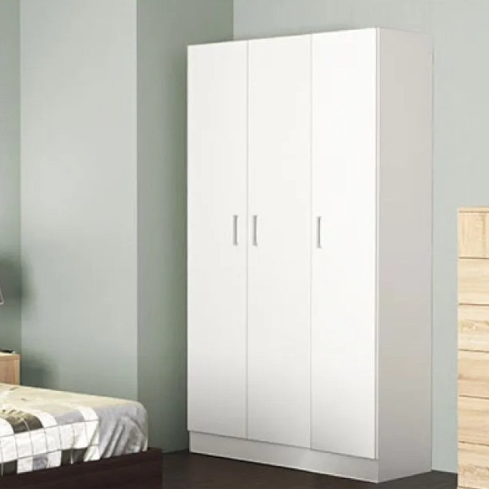 Armadio tre ante bianco 120x45x185 cm con tubo appendiabiti e ripiano interno in truciolare nobilitato melaminico antigraffio
