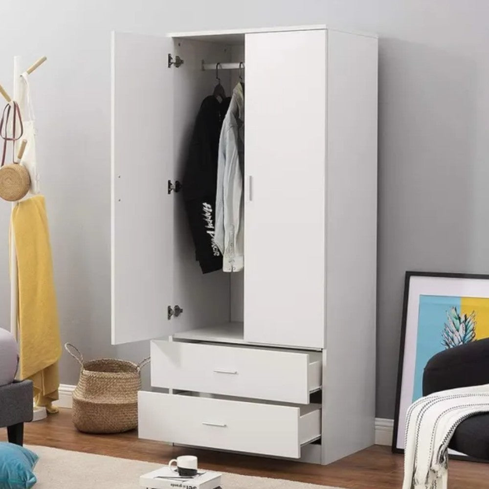 Armadio due ante due cassetti ripiani interni tubo appendiabiti bianco 80x52x190h in truciolare nobilitato