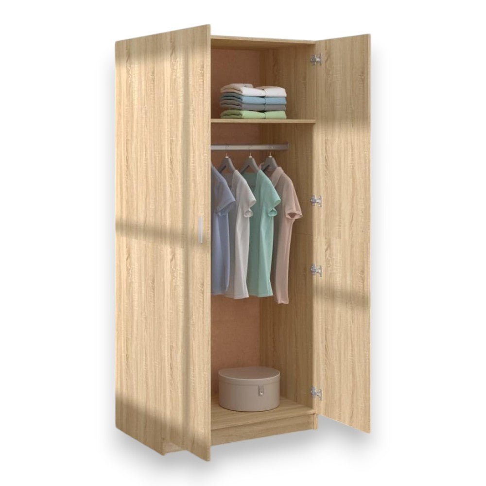 Armadio due ante quercia chiaro 80x52x190 cm truciolare melaminico antigraffio con appendiabiti e ripiano