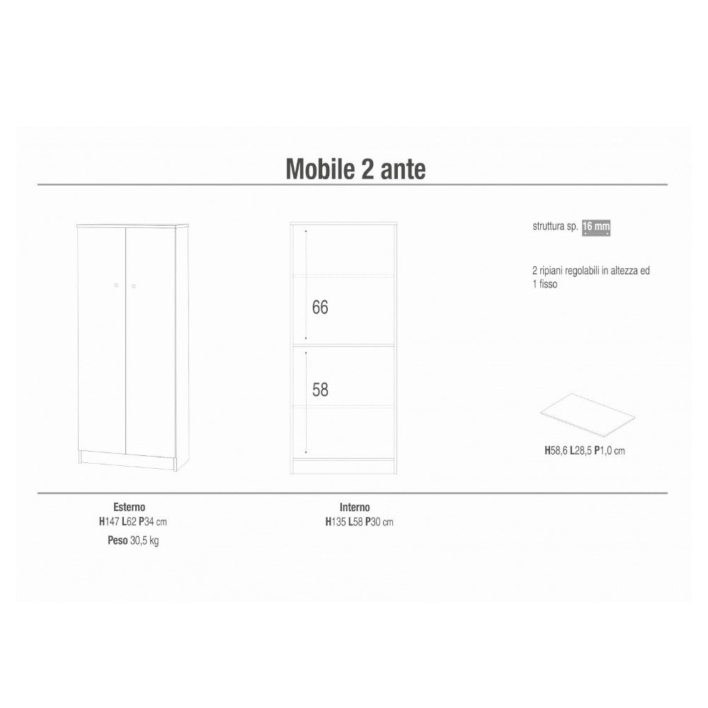 Armadio due ante kit eucalipto marrone in MDF dimensioni 62x34x105 cm soluzione salvaspazio per interno ed esterno