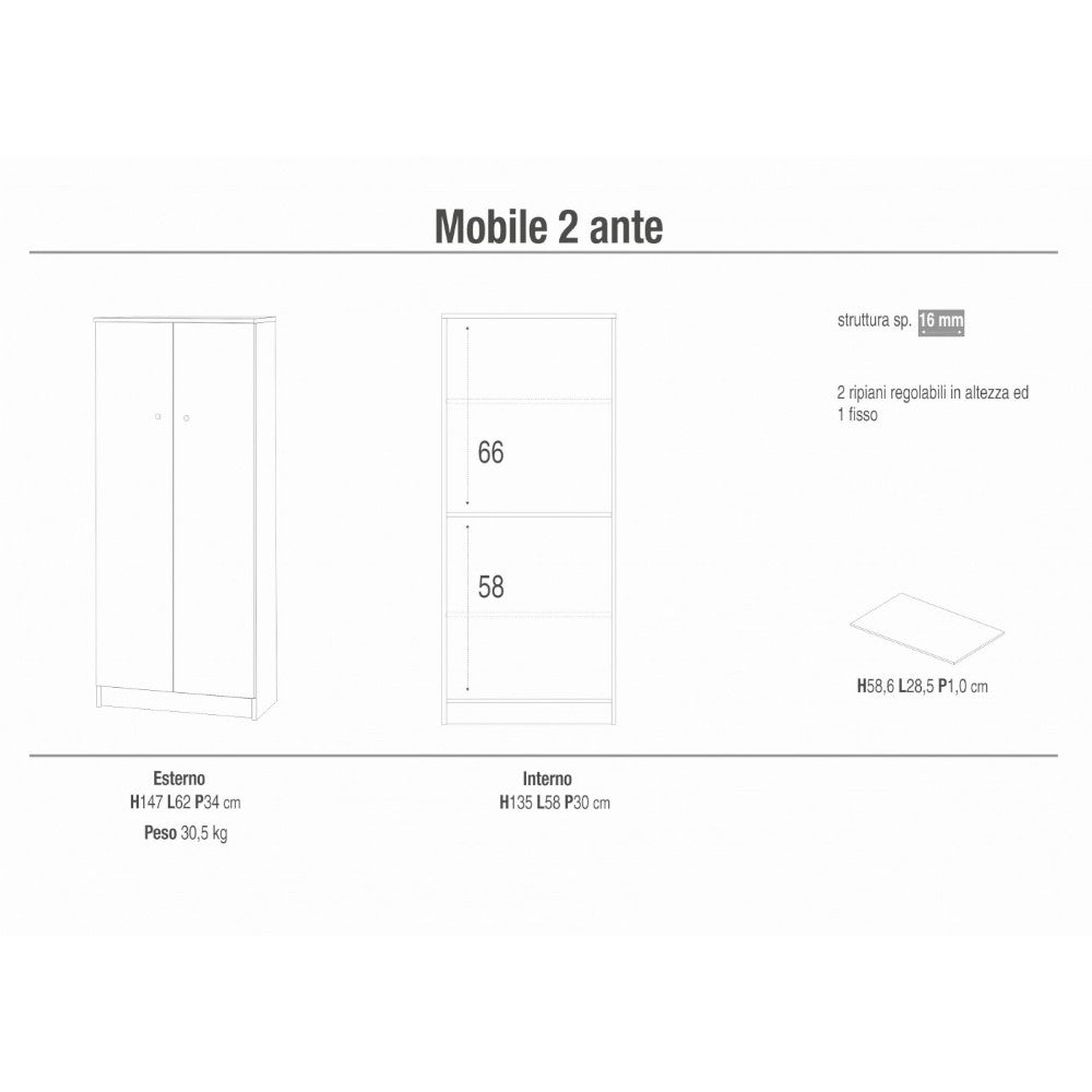 Armadietto a due ante bianco liscio MDF portaoggetti salvaspazio per casa ufficio cm 62x34x105 elegante e funzionale