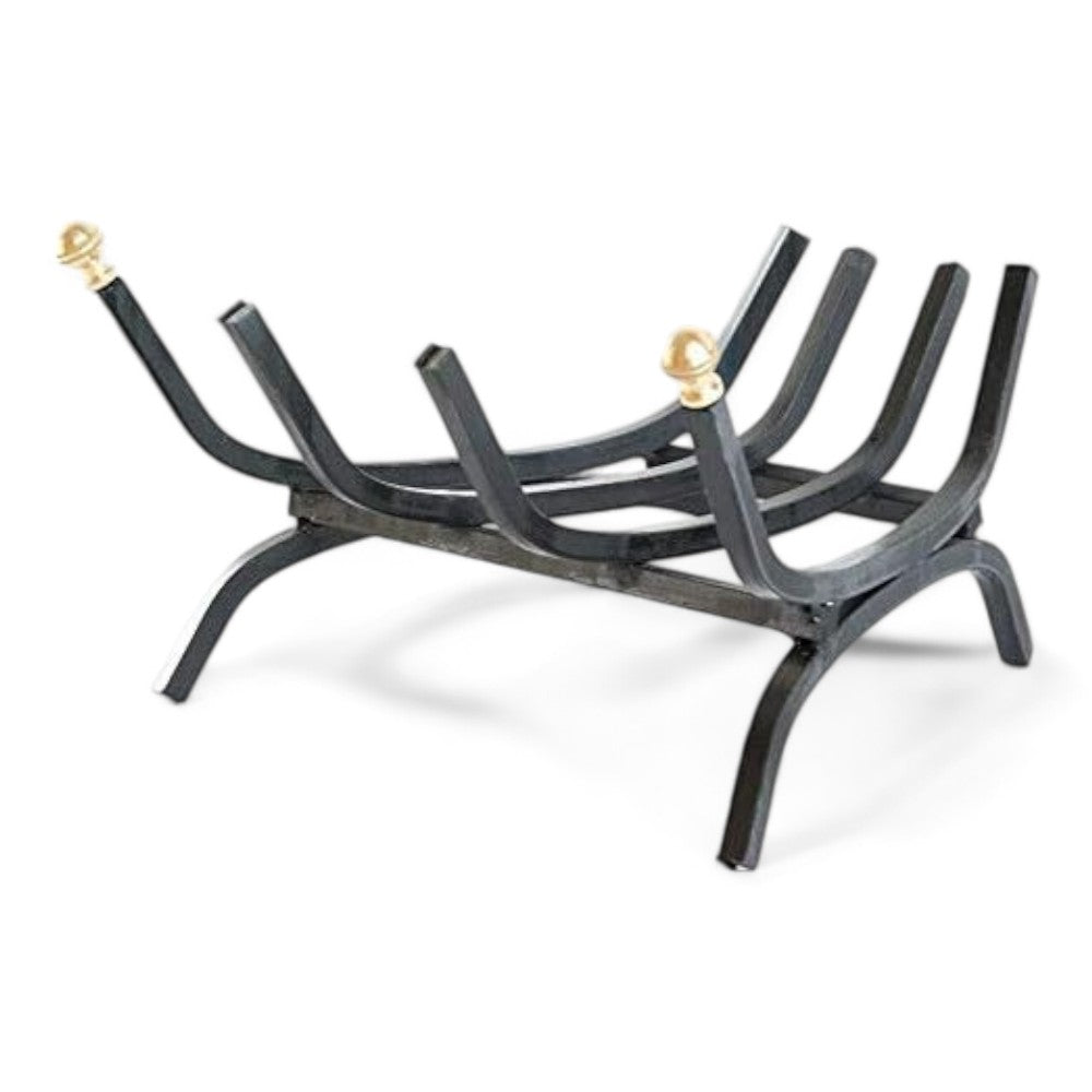 Brucialegna triangolare per camino ferro battuto nero con pomoli ottone robusto e stabile dimensione 40 cm