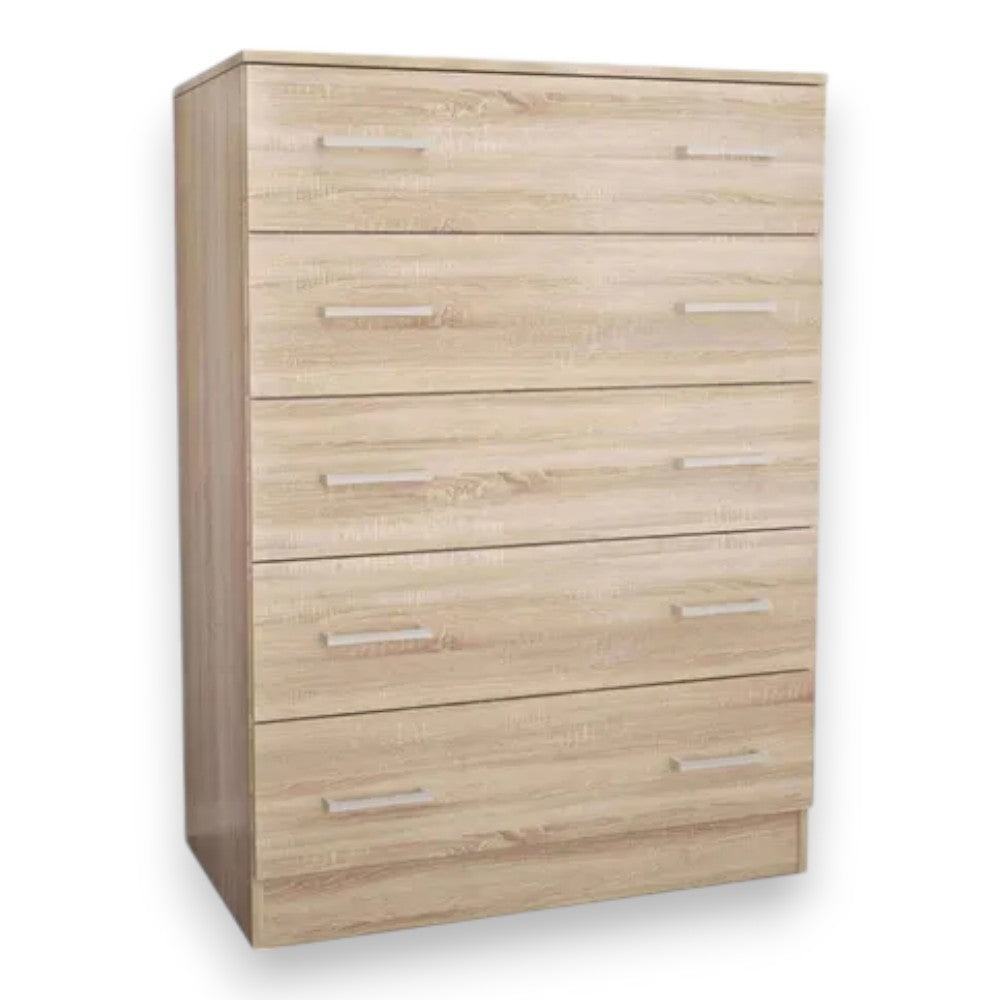 Cassettiera cinque cassetti in truciolare nobilitato melaminico antigraffio color quercia chiaro dimensioni cm 80x45x111h