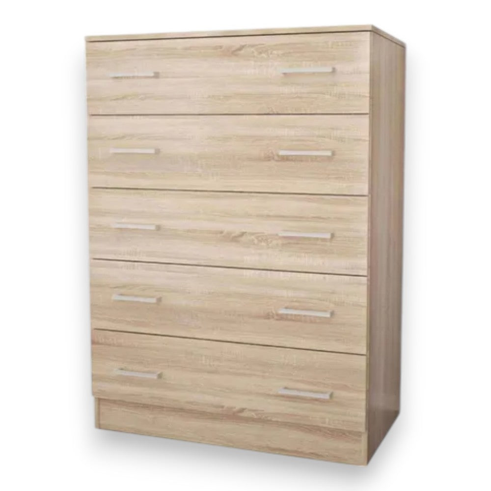 Cassettiera cinque cassetti in truciolare nobilitato melaminico antigraffio color quercia chiaro dimensioni cm 80x45x111h
