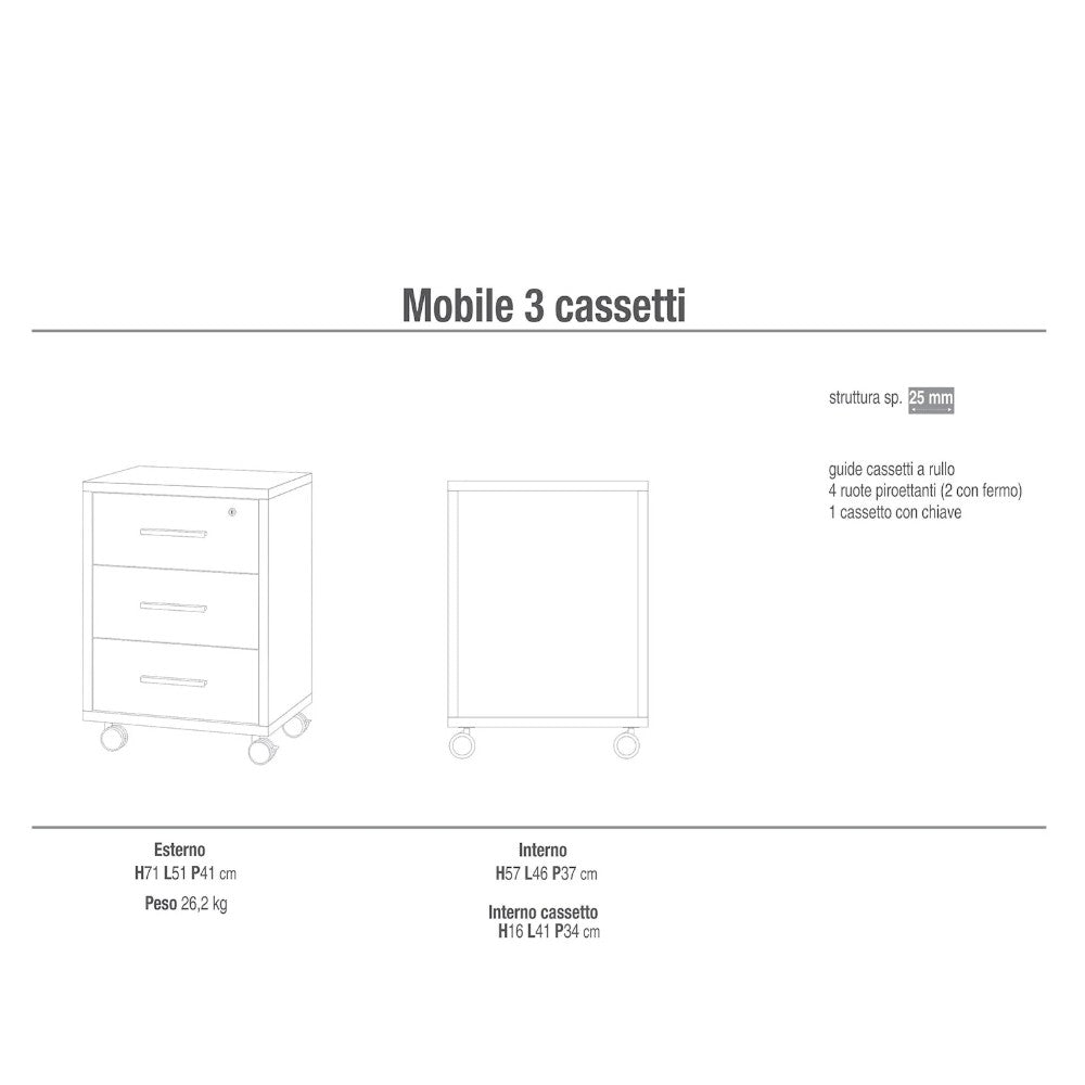 Cassettiere Ufficio 3 Cassetti Su Ruote Colore Marrone Materiale MDF Dimensioni 51x41x71 cm Design Moderno