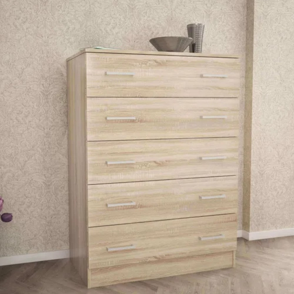 Cassettiera cinque cassetti in truciolare nobilitato melaminico antigraffio color quercia chiaro dimensioni cm 80x45x111h