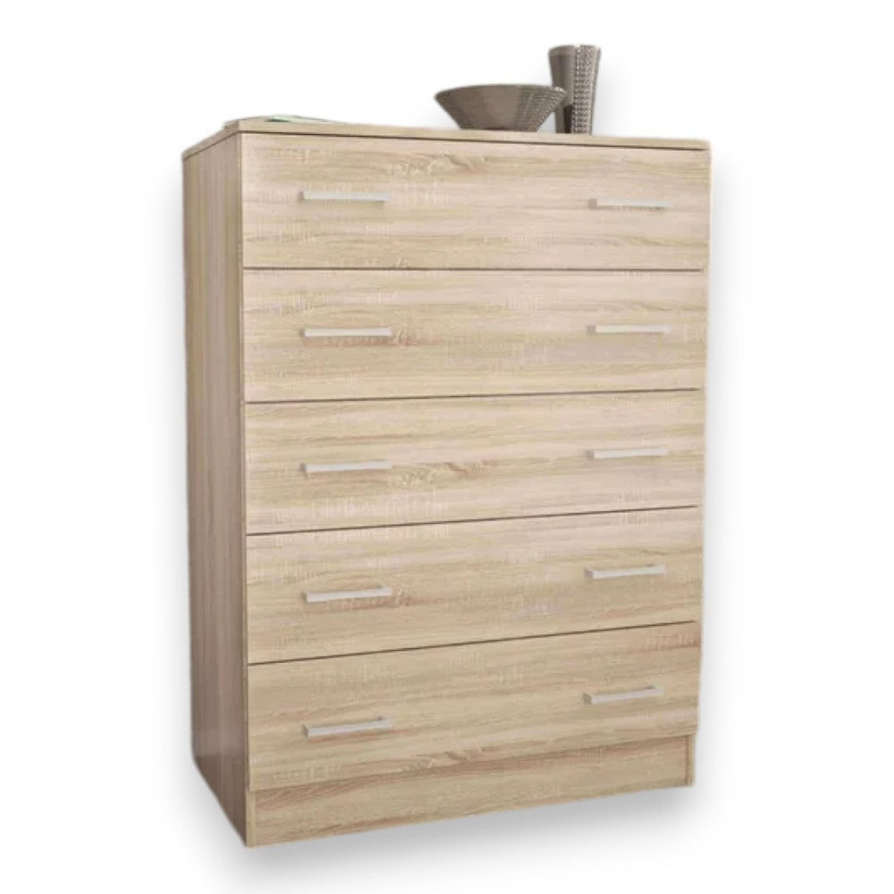 Cassettiera cinque cassetti in truciolare nobilitato melaminico antigraffio color quercia chiaro dimensioni cm 80x45x111h