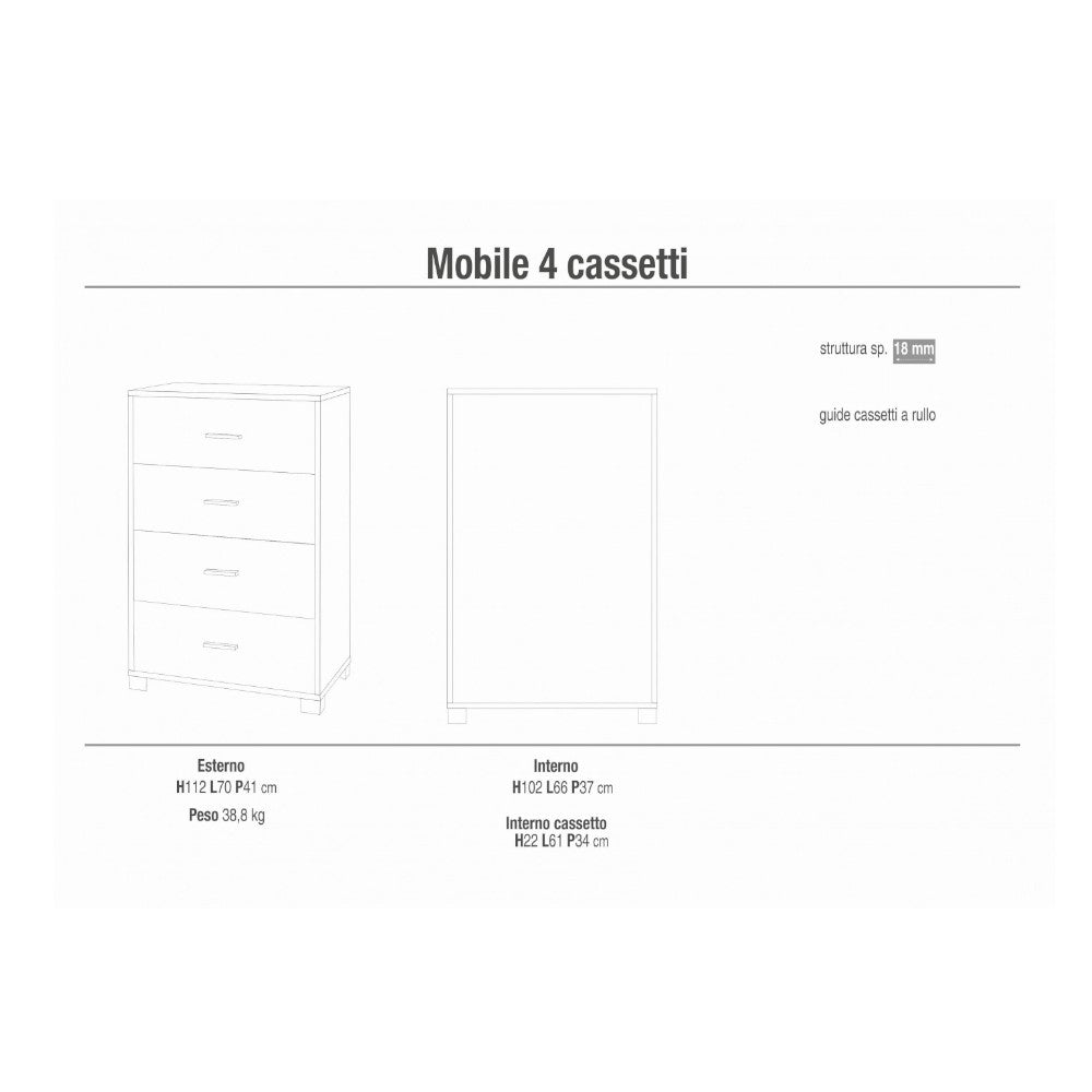 Cassettiera con 4 cassetti in MDF colore noce Stelvio e ossido bianco dimensioni 70x41x112 cm design moderno
