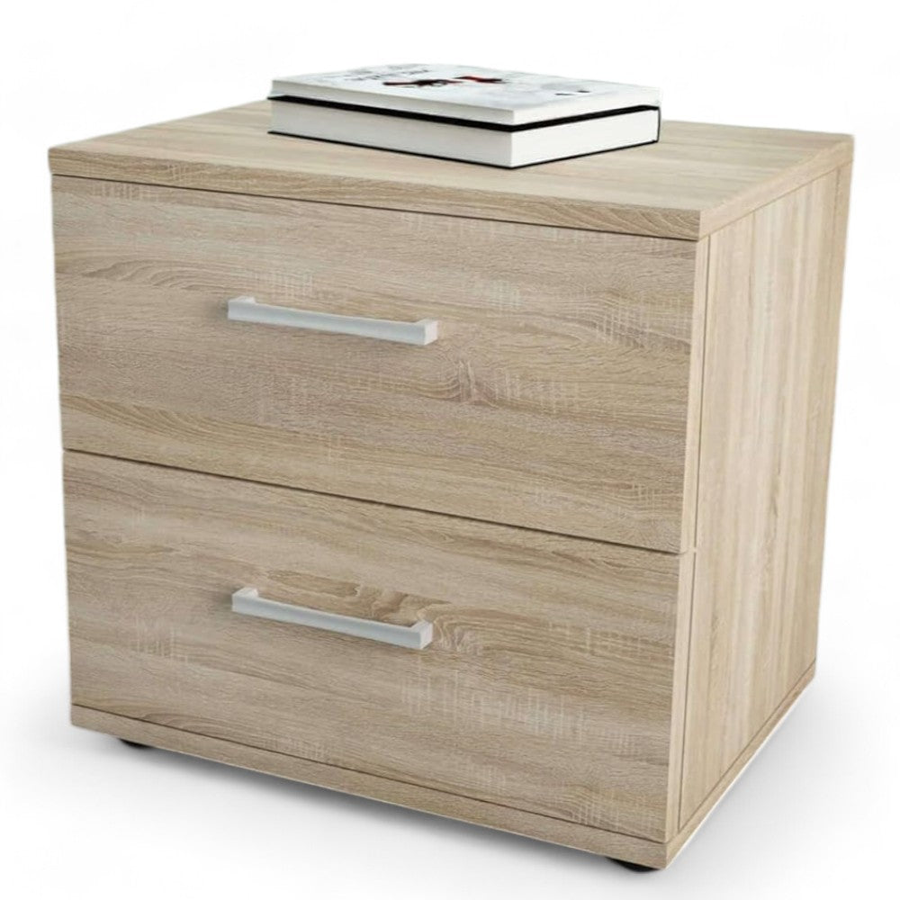Comodino con due cassetti in truciolare nobilitato melaminico antigraffio finitura quercia chiaro dimensioni 44.5x35x43.5 cm