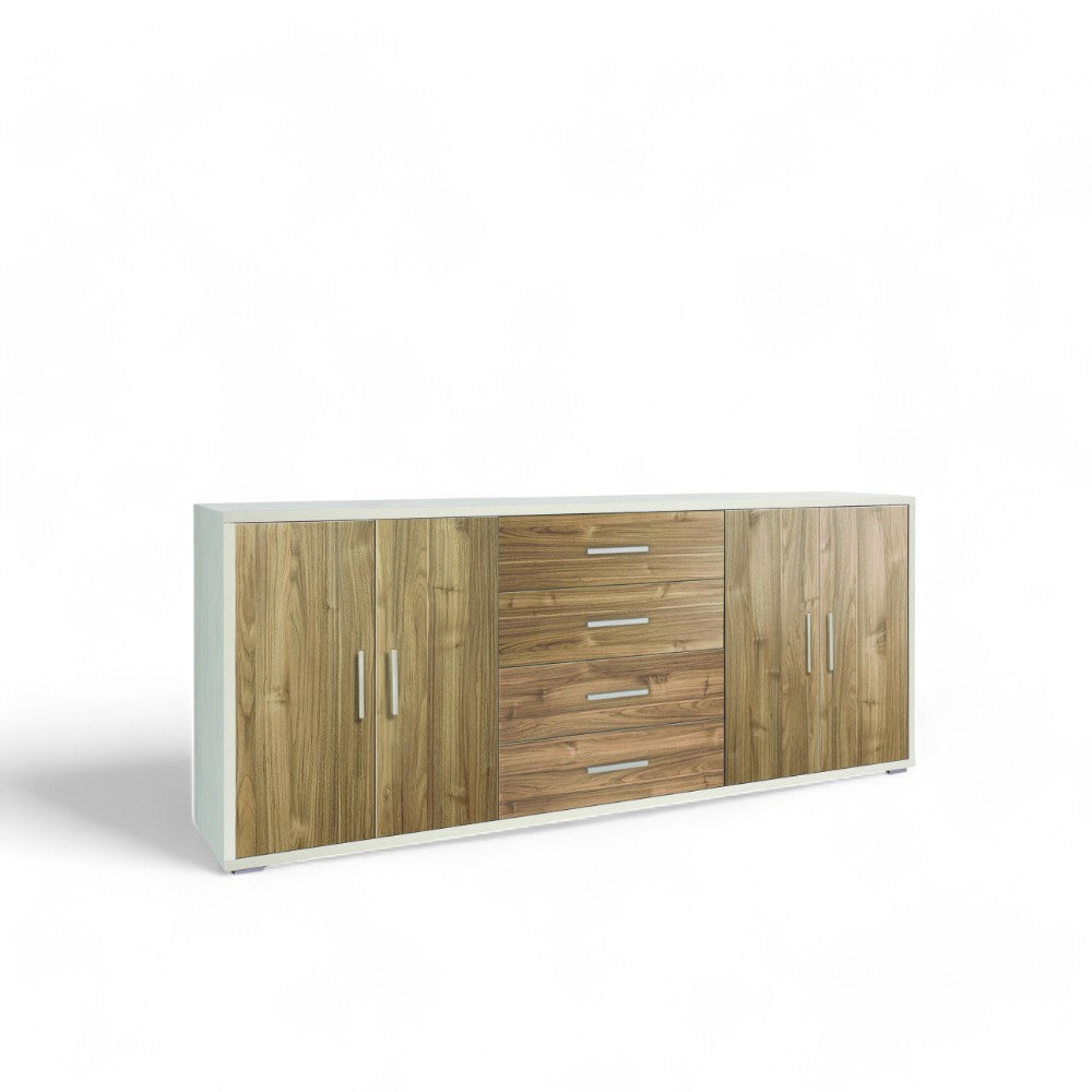 mobile soggiorno moderno 4 ante 4 cassetti colore marrone effetto ossido noce dimensioni 203x41x84 cm materiale MDF