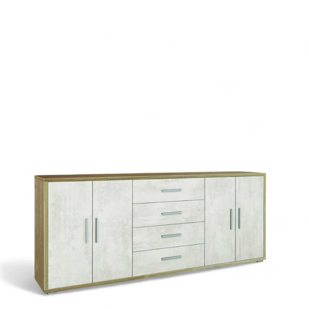 Mobile soggiorno moderno 4 ante 4 cassetti in MDF finitura noce stelvio e ossido bianco dimensioni 203x41x84 cm elegante e pratico
