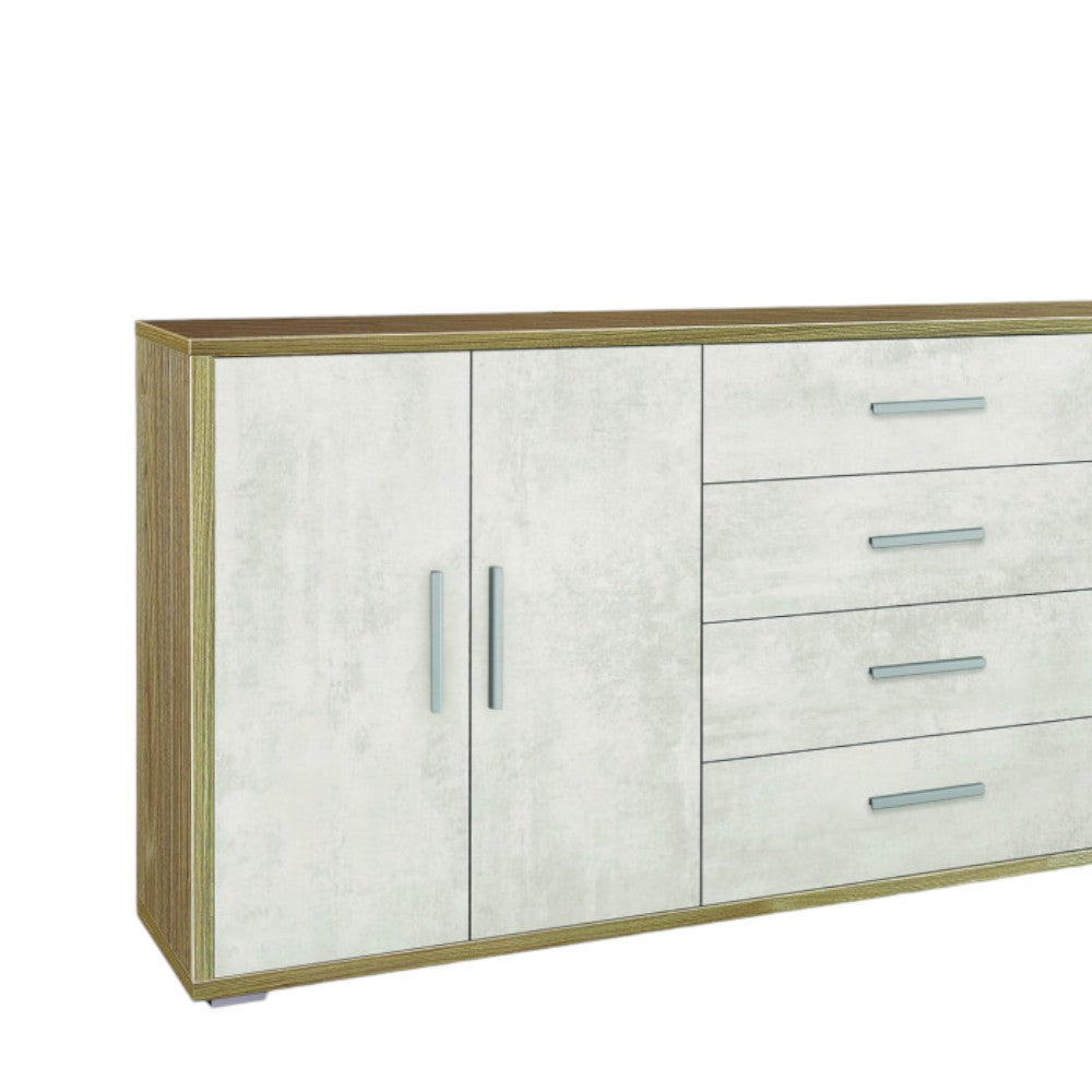 Mobile soggiorno moderno 4 ante 4 cassetti in MDF finitura noce stelvio e ossido bianco dimensioni 203x41x84 cm elegante e pratico