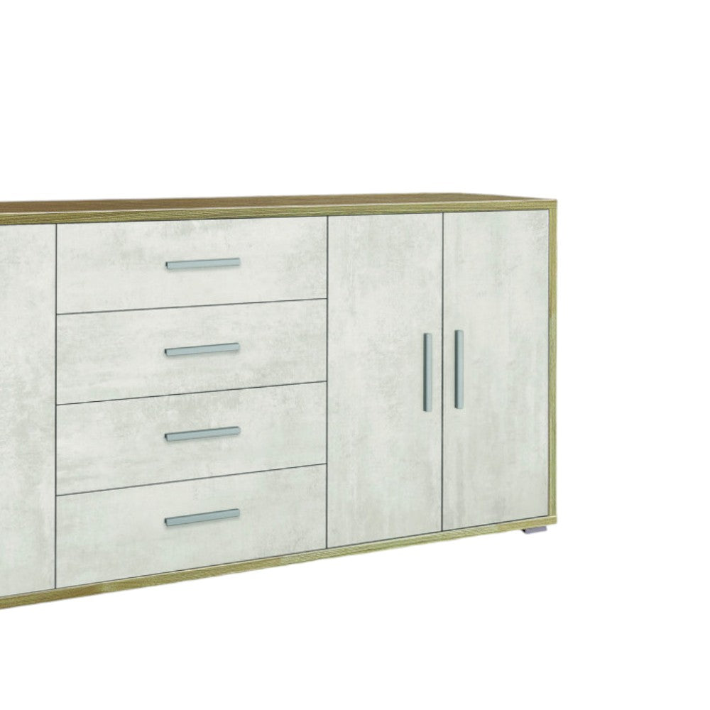 Mobile soggiorno moderno 4 ante 4 cassetti in MDF finitura noce stelvio e ossido bianco dimensioni 203x41x84 cm elegante e pratico